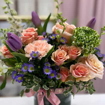 Bouquet of flowers with pink roses, purple tulips, for local deliver in Florence, Ky