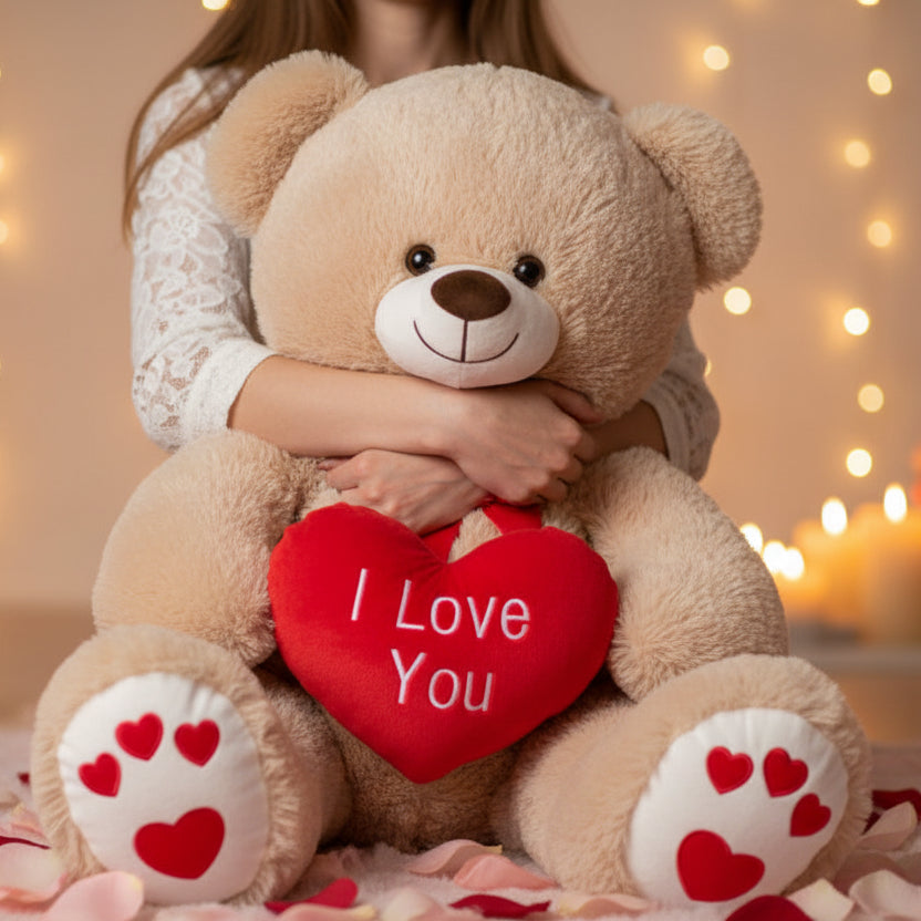 Large beige I Love You teddy bear 36 inches tall - romantic anniversary gift