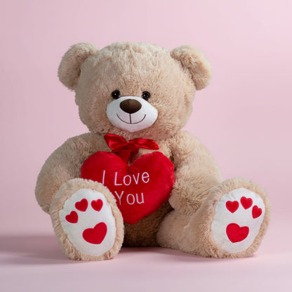 6 inch Giant I Love You Teddy Bear in beige - front view showing embroidered heart message