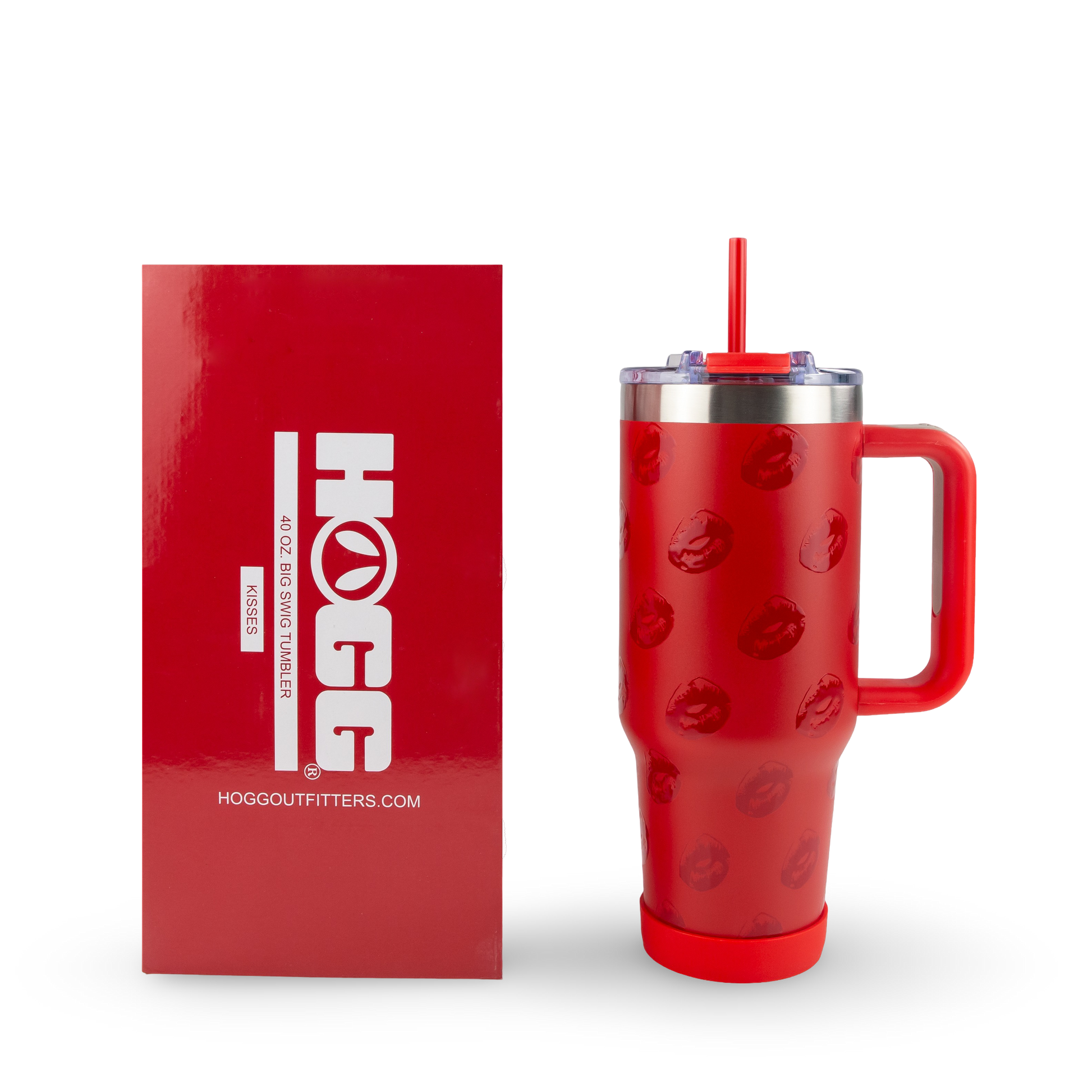 Red tumbler with handle and straw lid next to a red box with 'HOG' branding on a white background.