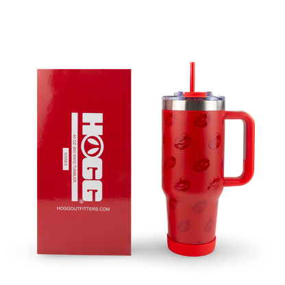 Red tumbler with handle and straw lid next to a red box with 'HOG' branding on a white background.