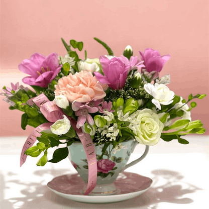 Tea Time in Bloom – Designer’s Choice Teacup Arrangement