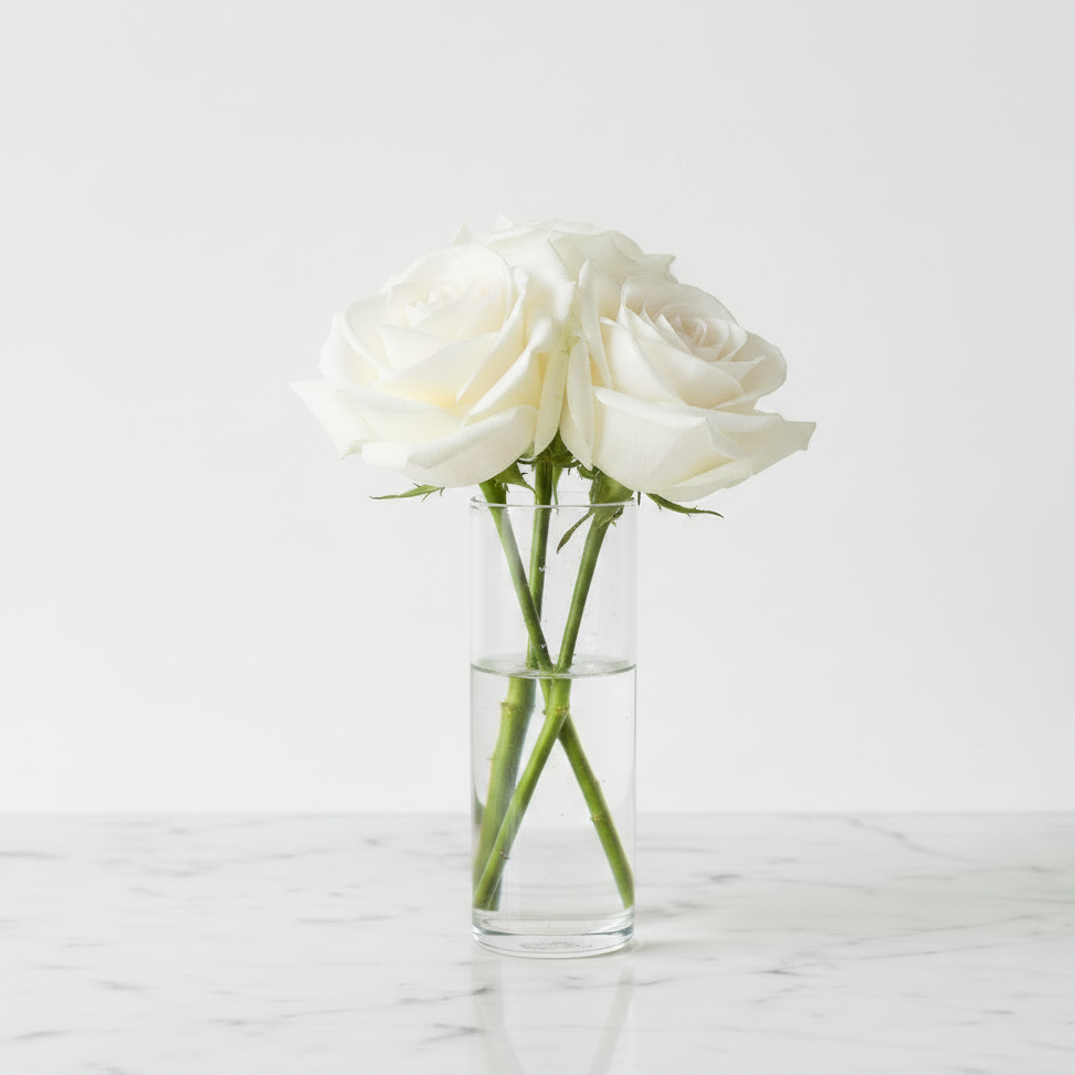 4 White Roses - Narrow Cylinder Vase
