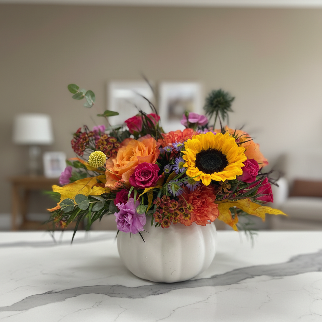 Colorful flower arrangement in a white vase on a table with a blurred indoor background