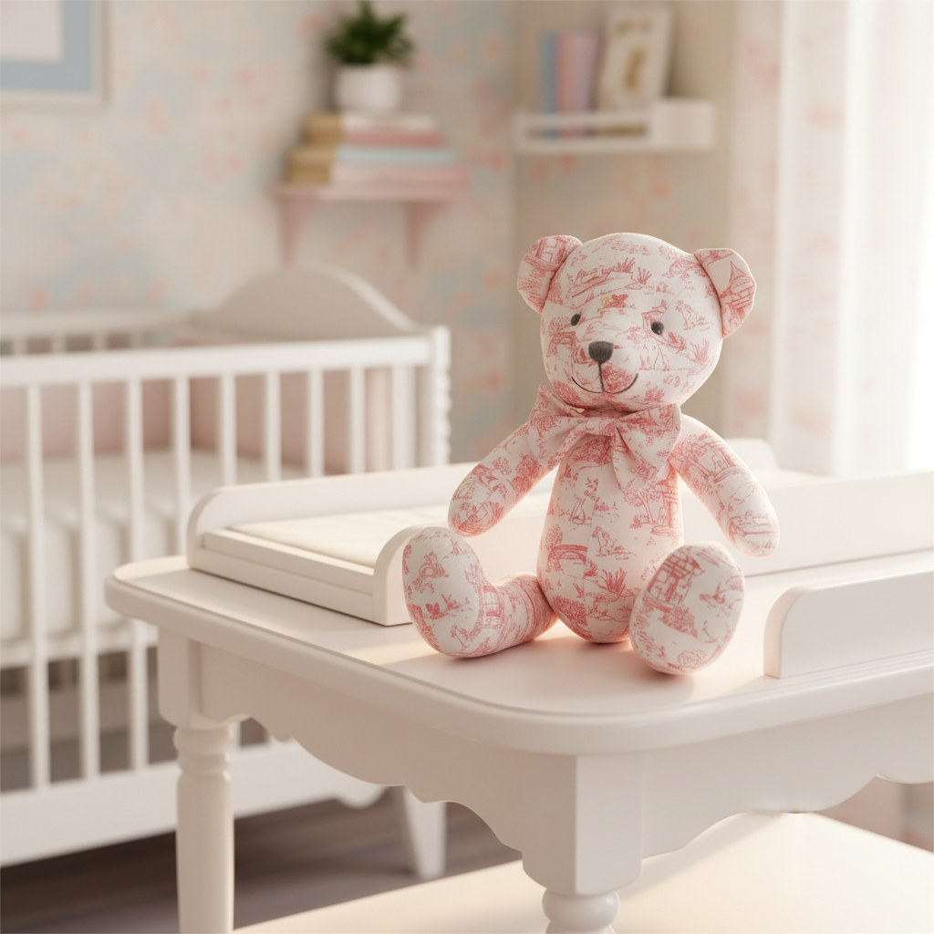 Floral-patterned teddy bear on a white table in a nursery with a crib and books in the background.