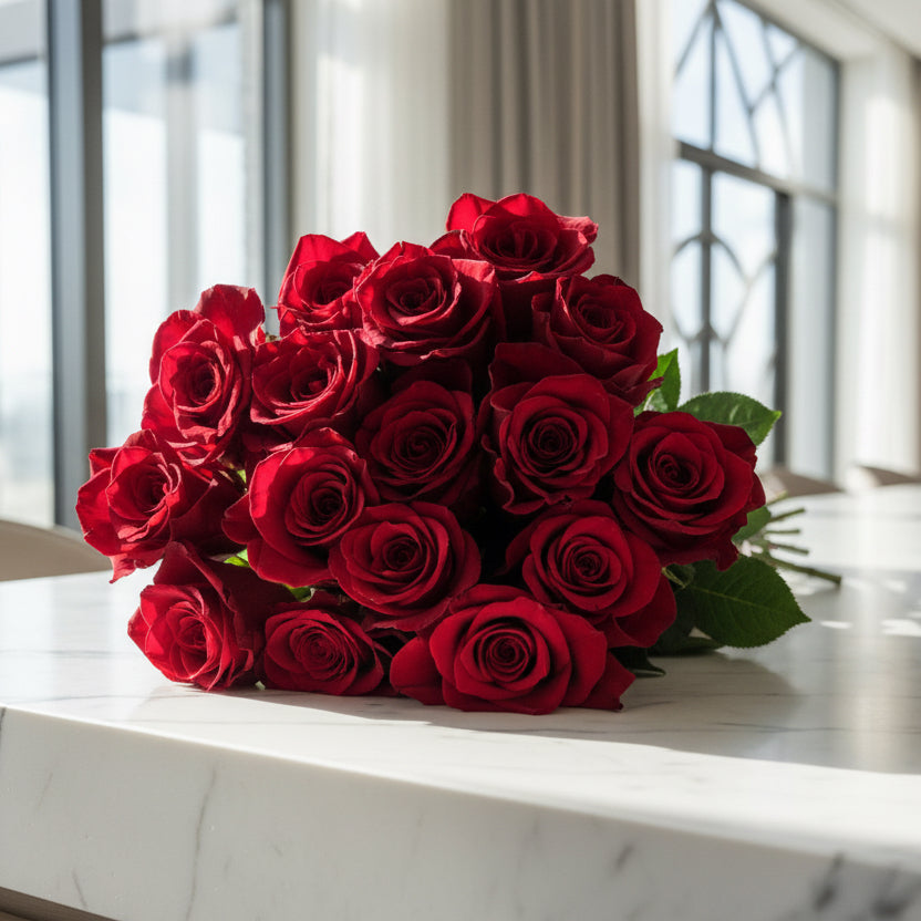 Bouquet of red roses on a for engagement proposal or anniversary celebrations. 