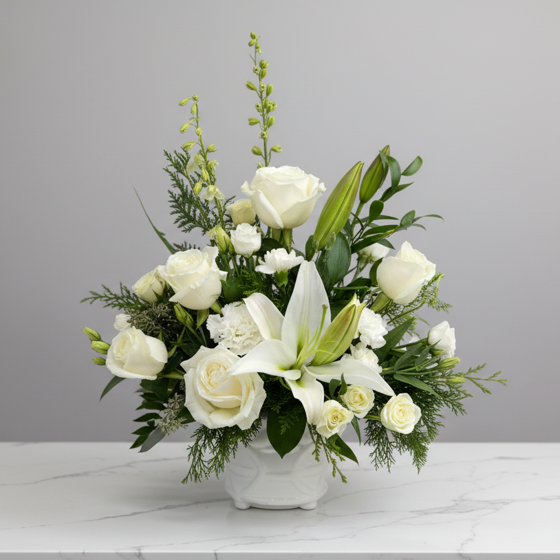 Arrangement of white flowers in a vase on a gray background