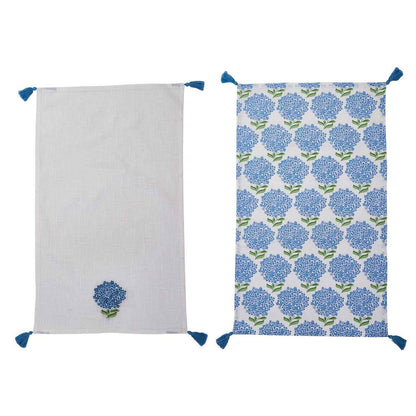 Blue & White Hydrangea Cotton Dish Towel Set – Set of 2 with Tassel Accents