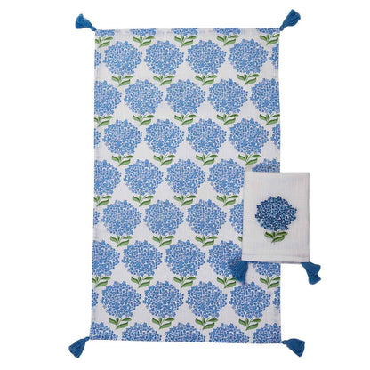 Blue & White Hydrangea Cotton Dish Towel Set – Set of 2 with Tassel Accents