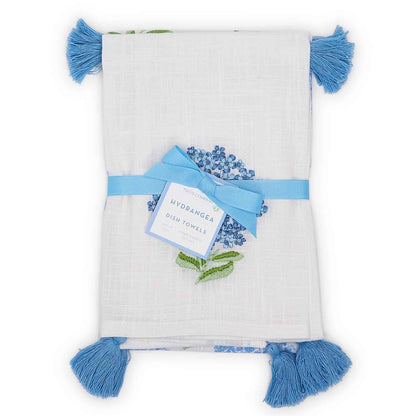 Blue & White Hydrangea Cotton Dish Towel Set – Set of 2 with Tassel Accents