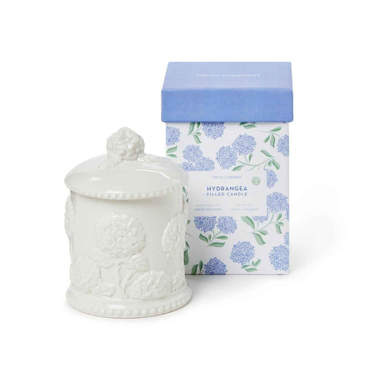 Porcelain Hydrangea Relief Filled Soy Wax Candle with Fresh Blooms Scent in Gift Box