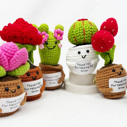 Set of crochet cacti with smiling faces and 'Thank YOU For Helping Me Grow' labels on a white background