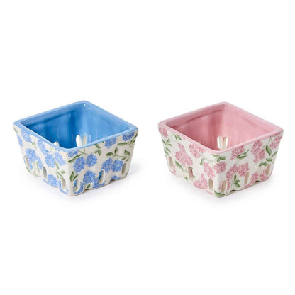 Hydrangea Print Ceramic Berry Crate – Handcrafted Fruit or Trinket Holder (Assorted Colors)