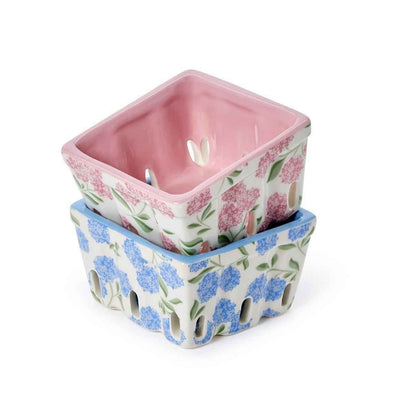 Hydrangea Print Ceramic Berry Crate – Handcrafted Fruit or Trinket Holder (Assorted Colors)