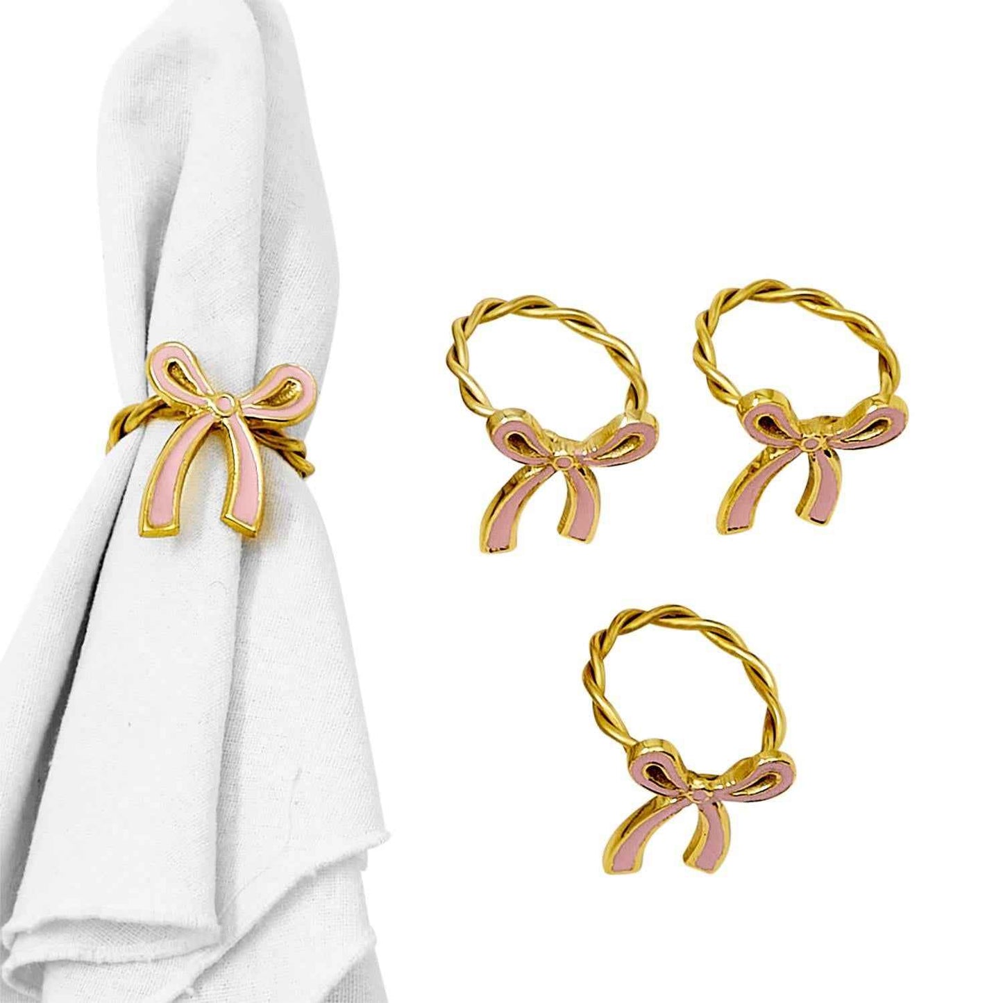 Gold & Pink Enamel Bow Napkin Ring Set – Elegant Table Décor (Set of 4)