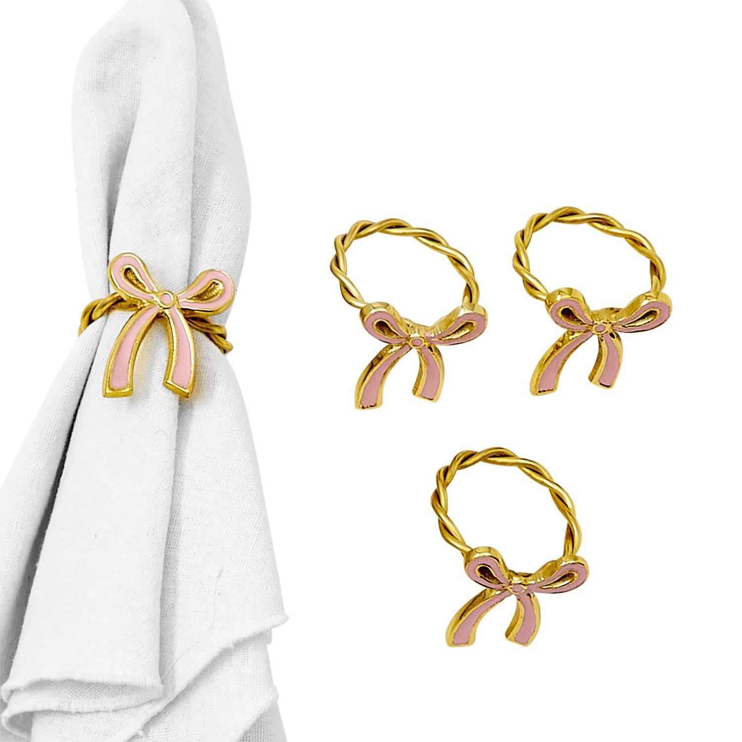 Gold & Pink Enamel Bow Napkin Ring Set – Elegant Table Décor (Set of 4)
