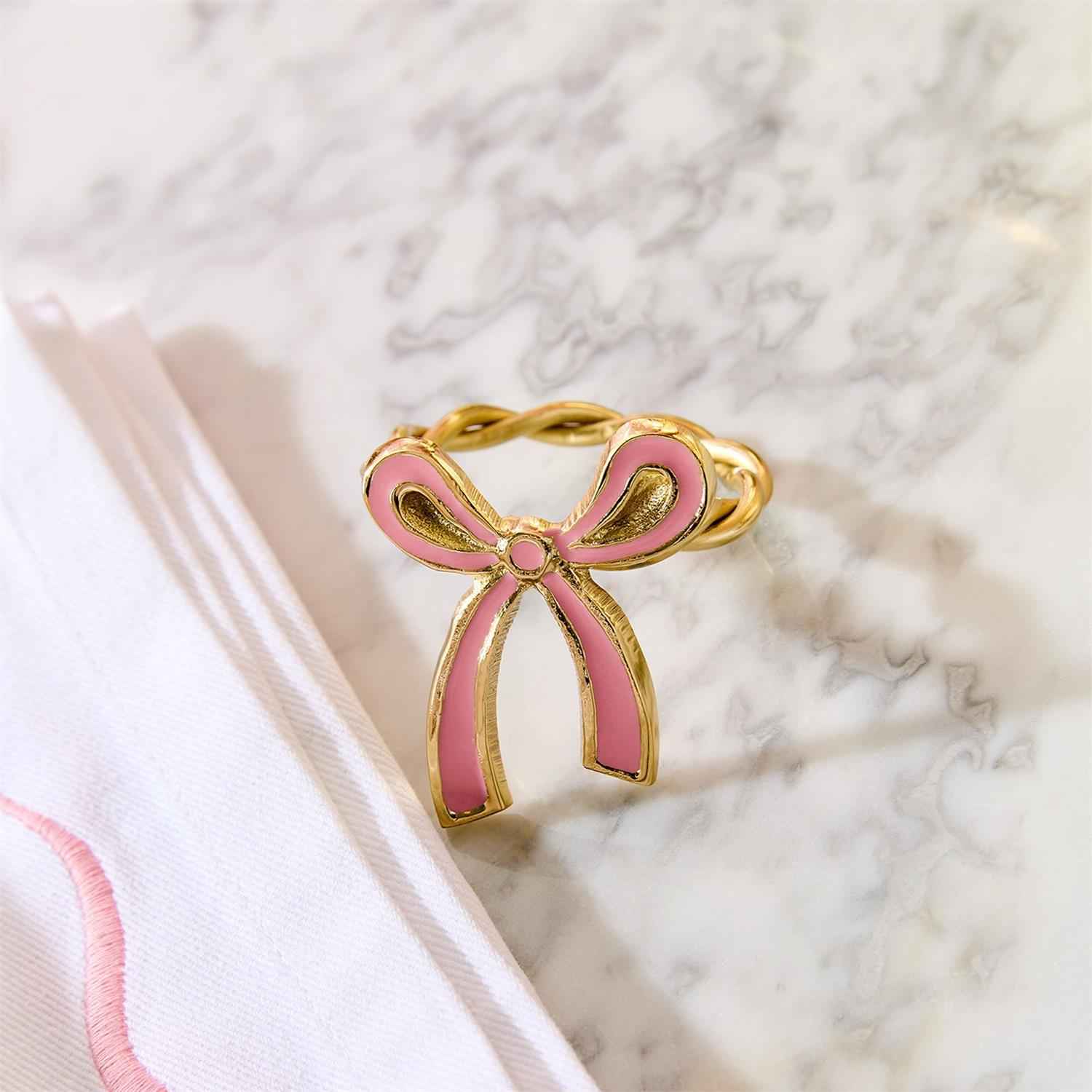Gold & Pink Enamel Bow Napkin Ring Set – Elegant Table Décor (Set of 4)