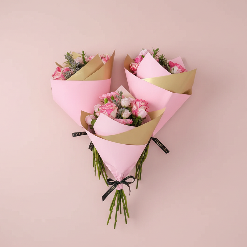 Three flower bouquets wrapped in pink and gold paper against a pink background.