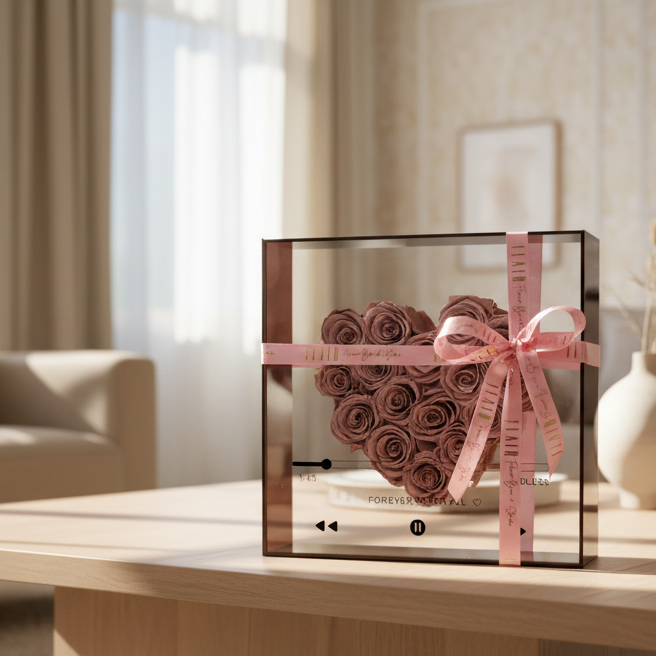 Heart-shaped arrangement of roses in a clear box with a pink ribbon on a light background by Flair Flower Bar & Studio in Florence, Kentucky