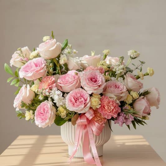 Bouquet of pink and white flowers with a pink ribbon on a table for local delivery in Cincinnati by Flair Flower Bar.