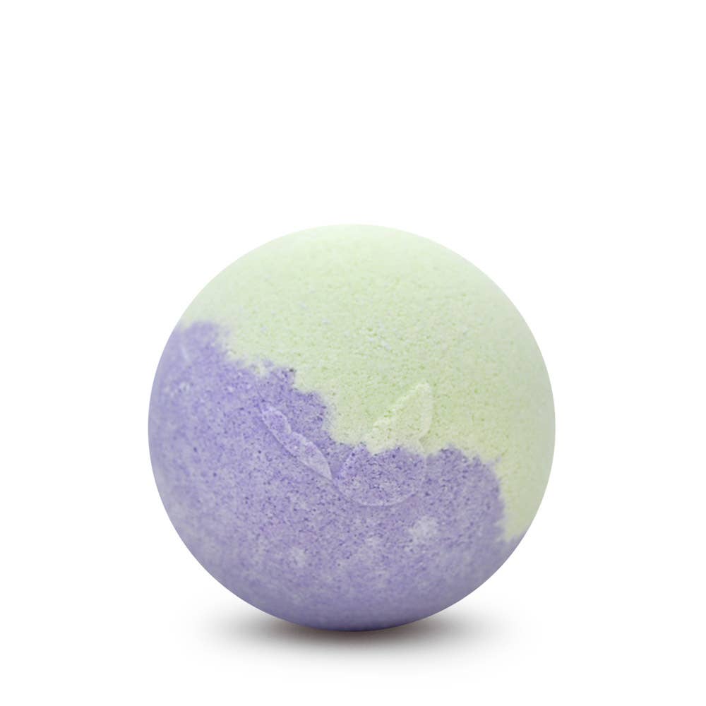 Bath bomb with purple and green gradient on a white background