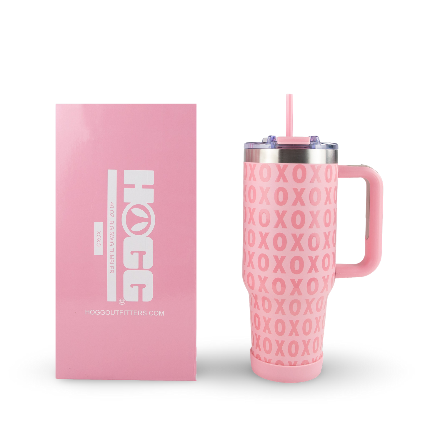 Pink tumbler with 'HOGG' logo and 'XOXO' pattern next to pink packaging box on a white background