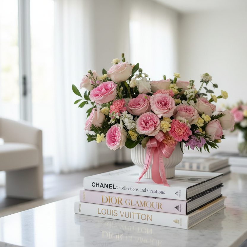 Bouquet of pink and white flowers with a pink ribbon in a white vase on a table.