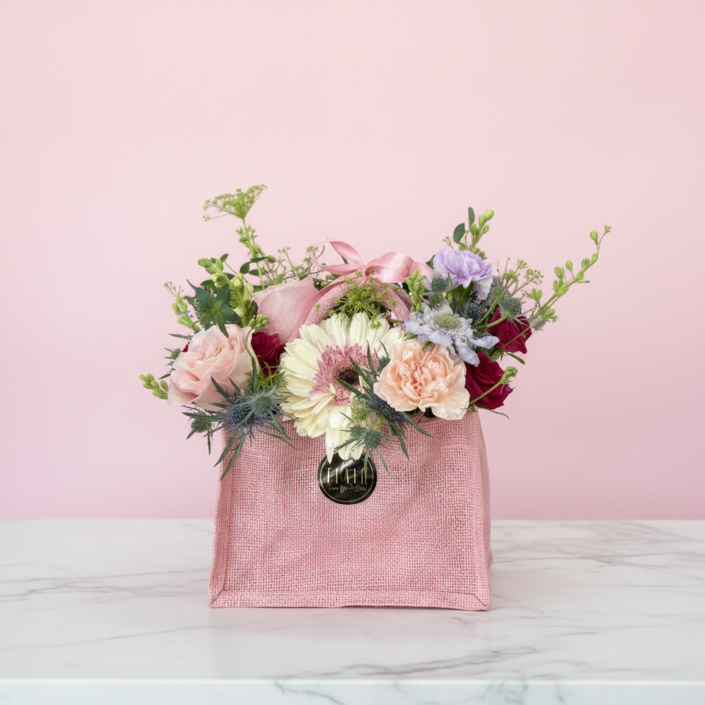 Colorful handbags with floral arrangements on a table, branded 'Flair'.