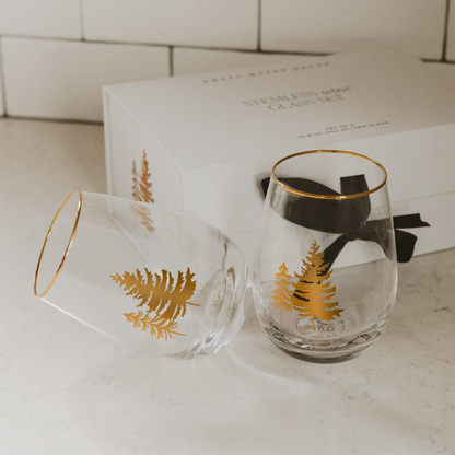 Gold Tree Stemless Wine Glasses – Boxed Set of 2
