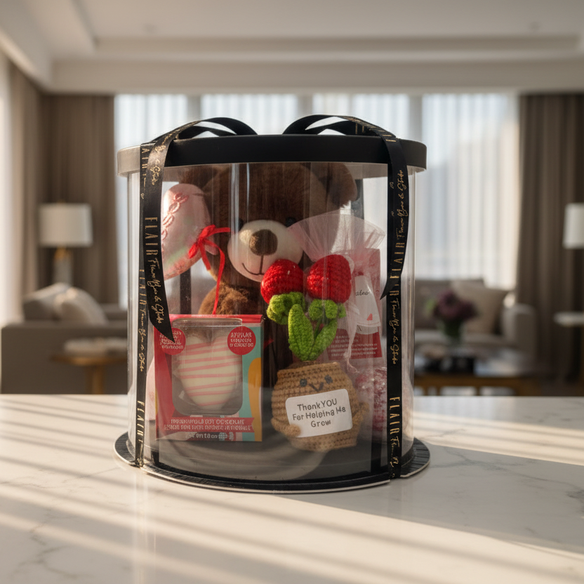 Valentine clear gift box with teddy bear and decorative items on a marble surface