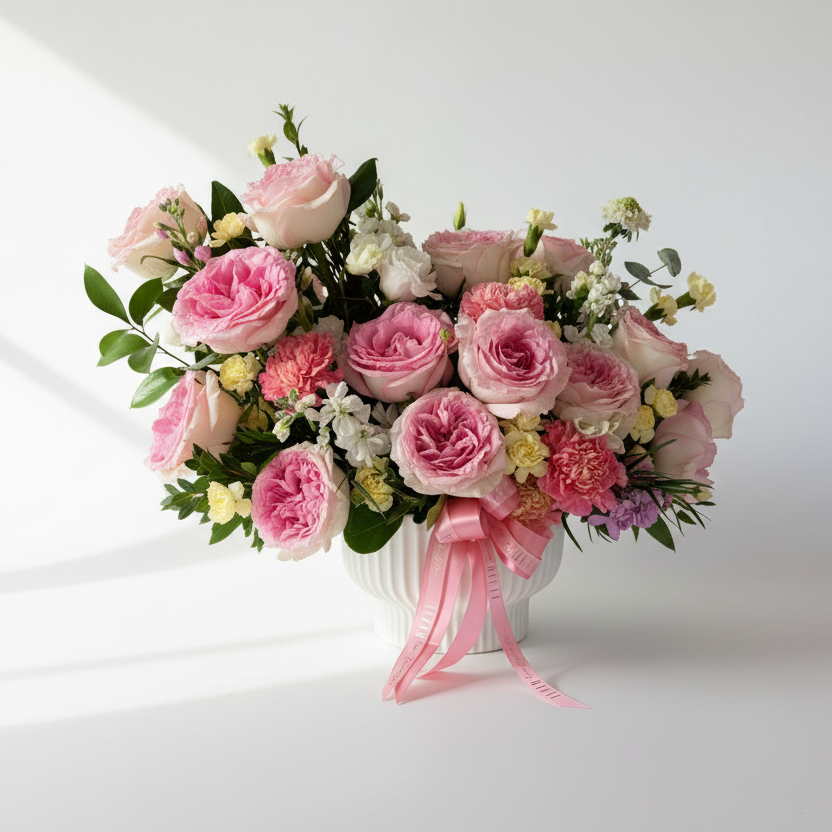 Flower Arrangement of pink and white flowers with a pink ribbon on a white backdrop for Cincinnati delivery.