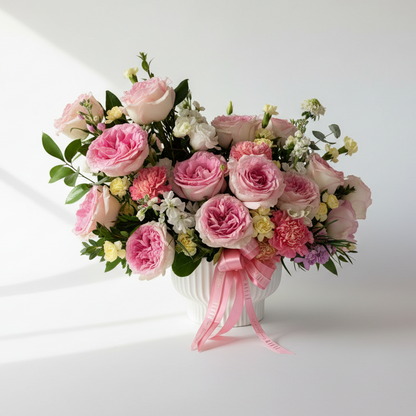 Flower Arrangement of pink and white flowers with a pink ribbon on a white backdrop for Cincinnati delivery.