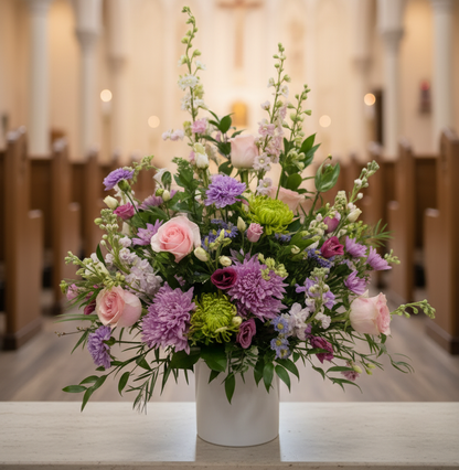 Floral arrangement in a church for a memorial service