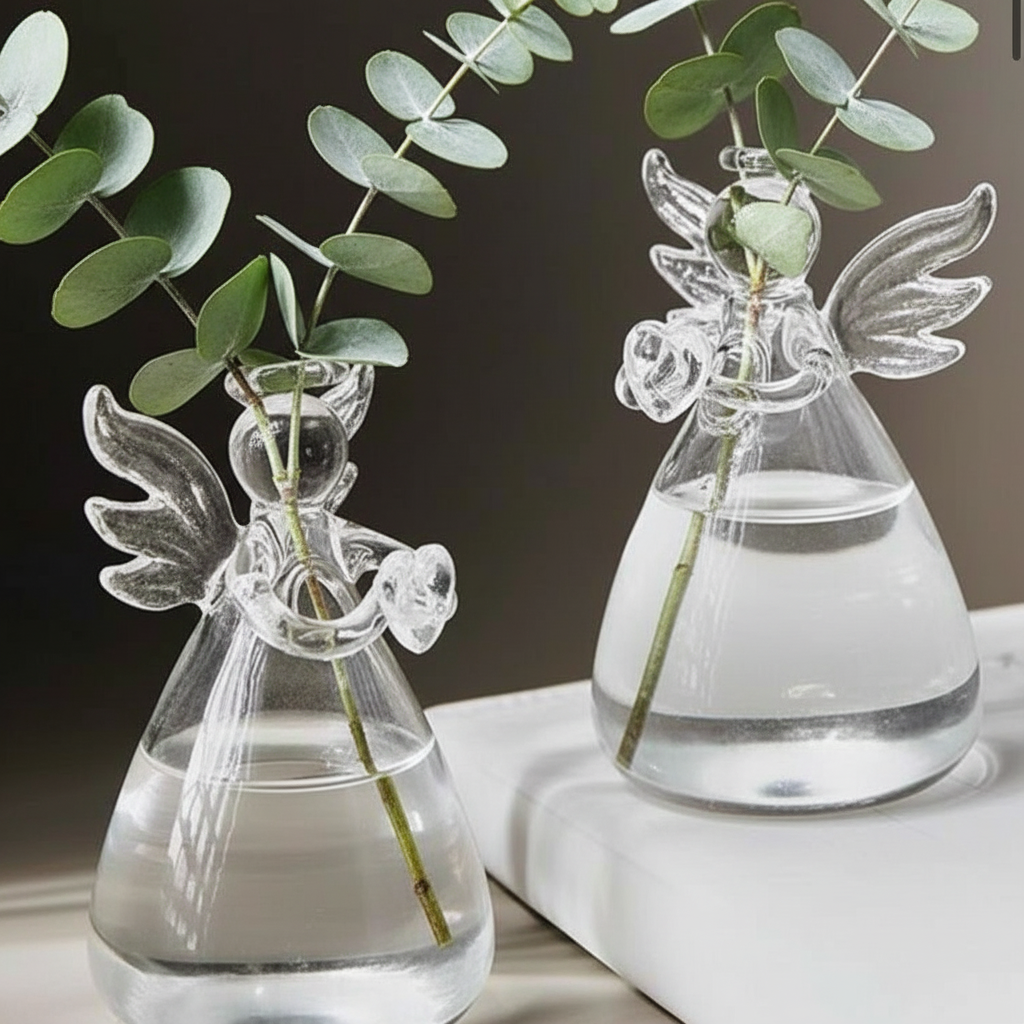 Two angel-shaped glass vases with greenery on a dark background