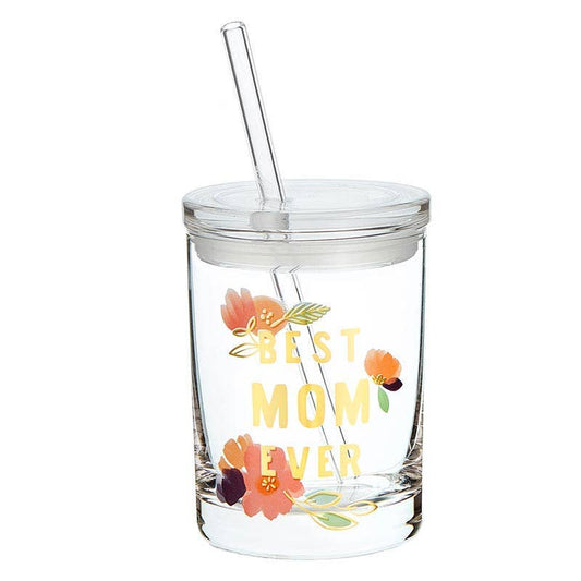 BEST MOM Glass Floral Tumbler with Lid & Straw - Flair Flower Bar & Studio