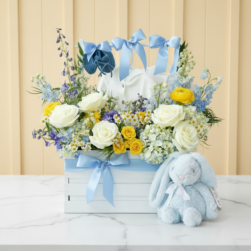 Floral arrangement with blue ribbons and a plush toy for New Baby from Flair Flower Bar & Studio in Florence, Kentucky