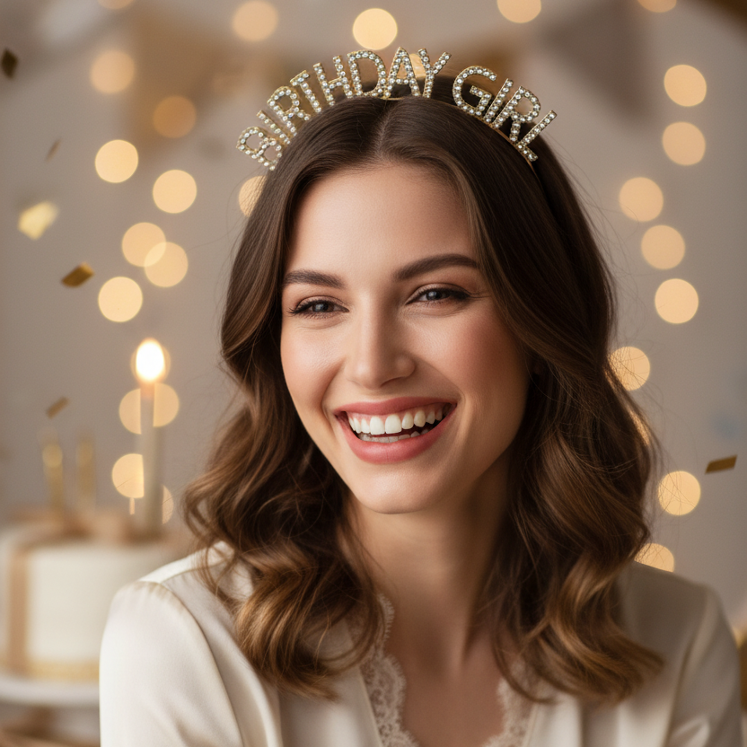 A smiling woman with wavy brown hair wears a jeweled tiara that reads “BIRTHDAY GIRL” against a warm, softly blurred background with bokeh lights and confetti.