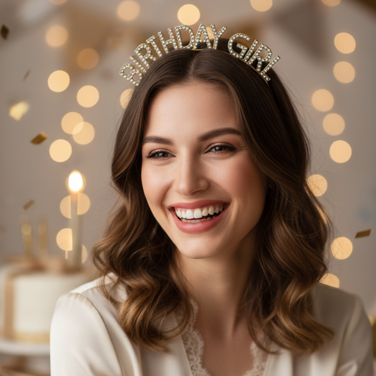 A smiling woman with wavy brown hair wears a jeweled tiara that reads “BIRTHDAY GIRL” against a warm, softly blurred background with bokeh lights and confetti.