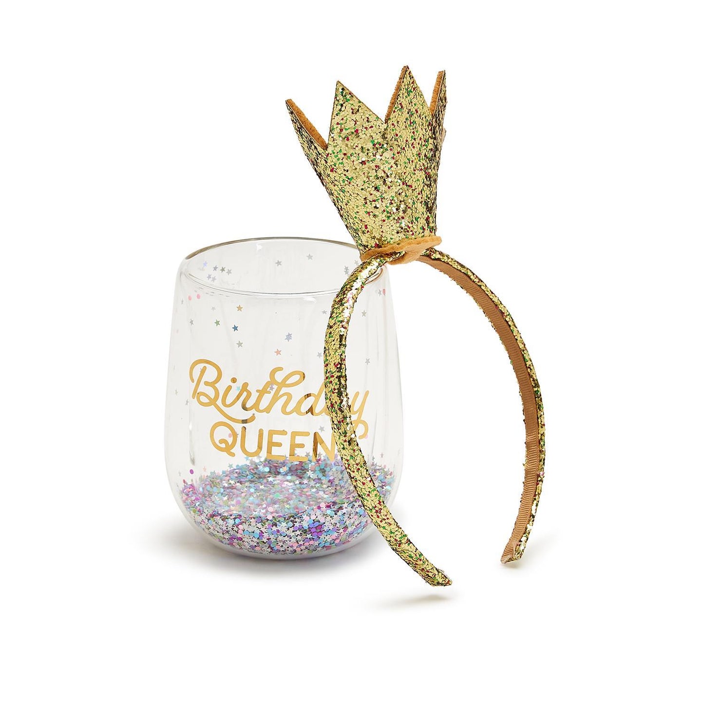 Birthday Queen Stemless Wine Glass and Glitter Crown Headband