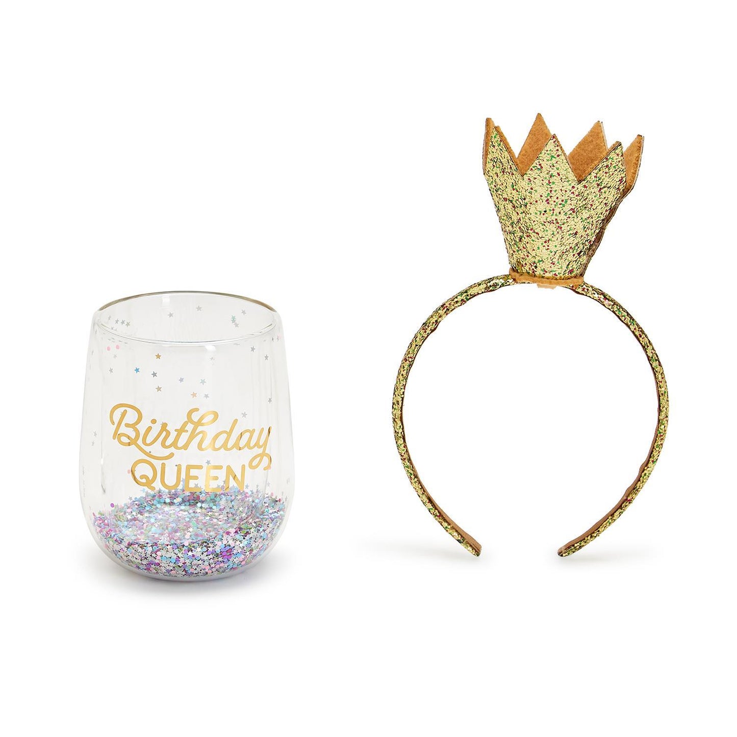 Birthday Queen Stemless Wine Glass and Glitter Crown Headband