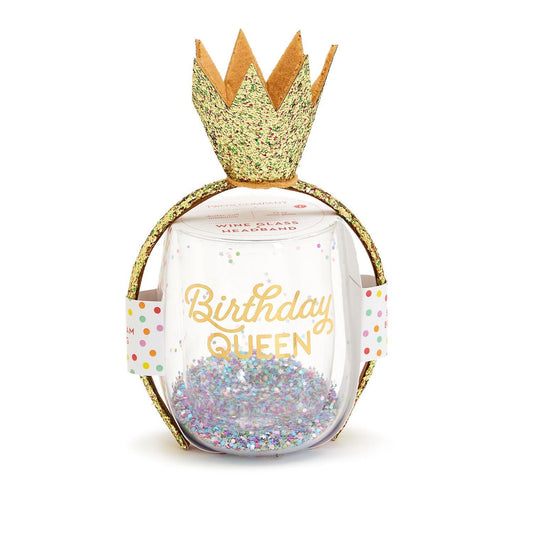 Birthday Queen Stemless Wine Glass and Glitter Crown Headband - Flair Flower Bar & Studio