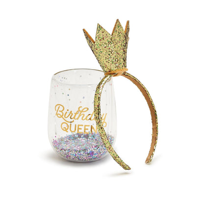 Birthday Queen Stemless Wine Glass and Glitter Crown Headband - Flair Flower Bar & Studio