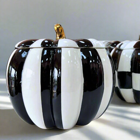 Black and White Stripe or Checkered Ceramic Pumpkin with Lid - Flair Flower Bar & Studio