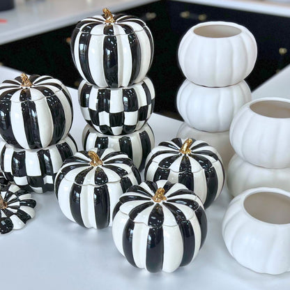 Black and White Stripe or Checkered Ceramic Pumpkin with Lid - Flair Flower Bar & Studio