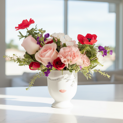 Bouquet of flowers in a decorative vase on a light surface with a blurred background