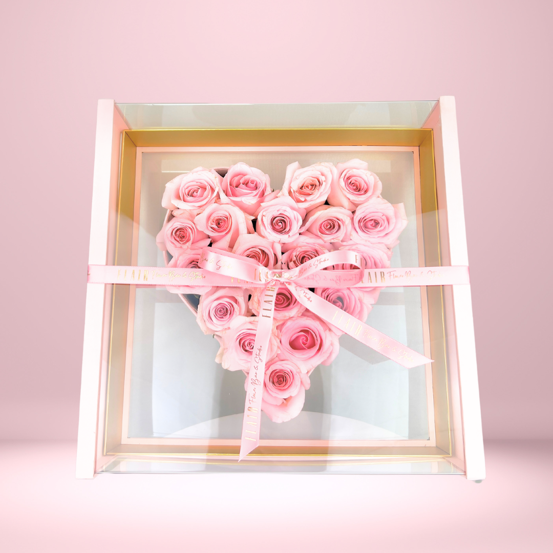 Pink Roses in Pink Heart box with acrylic cover