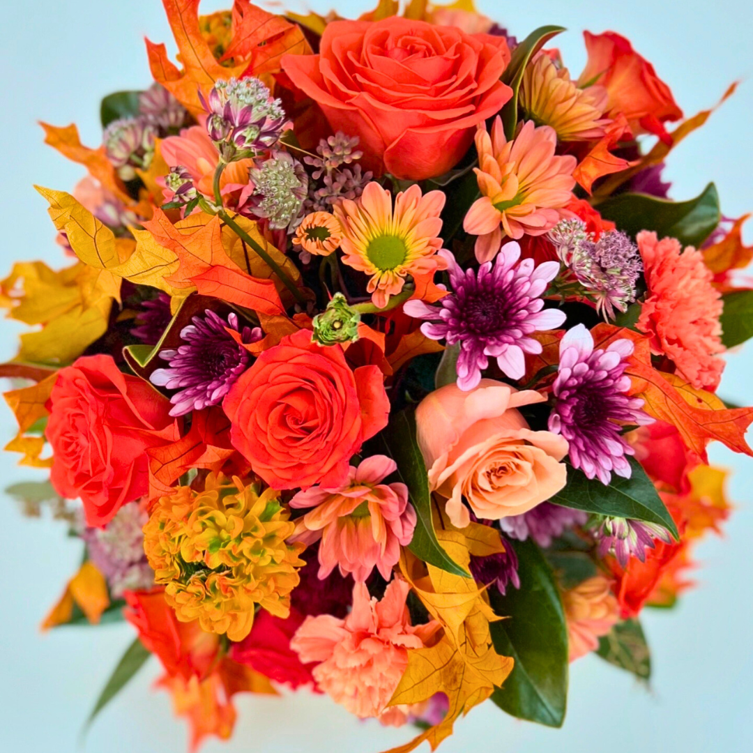 Blooming Pumpkin Harvest Centerpiece – Fresh Floral Arrangement on a Real Pumpkin by Flair Flower Bar-Top View