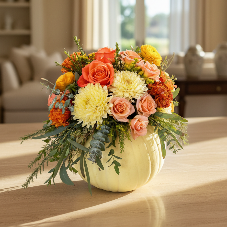 Blooming Pumpkin Harvest Centerpiece – Fresh Floral Arrangement on a Real Pumpkin