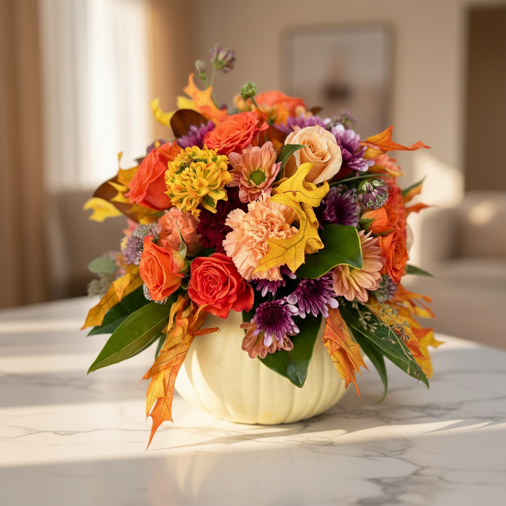 Colorful fall flower arrangement in a white pumpkin in a home setting for Cincinnati by Flair Flower Bar Delivery