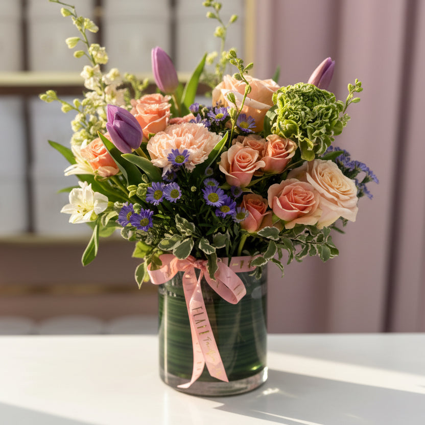 Designer’s Choice vase of flowers in a vase with a pink ribbon on a blurred background for Cincinnati delivery from Flair Flower Bar in Florence, Kentucky